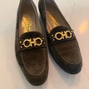 Salvatore Ferragamo Vintage Dark Green Suede Loafers with Gold Buckle